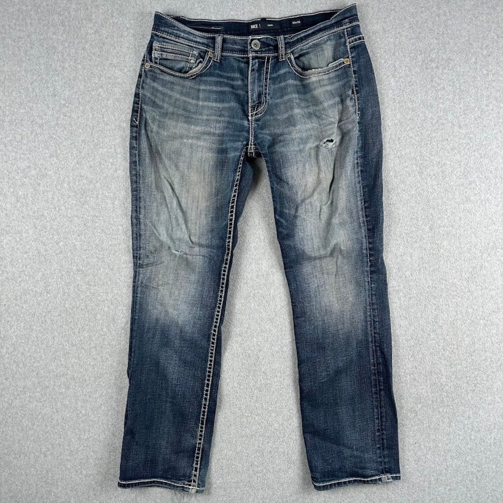 BKC Aiden Jeans Mens Blue Distressed Denim Straight Leg‎ Size 33x32 Whiskering